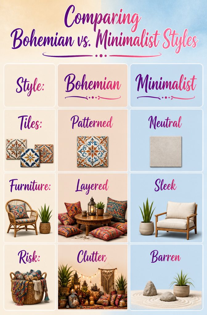 A comparison of bohemian and minimalist balcony decor.