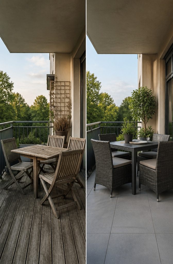Stylish furniture made of synthetic rattan on a balcony.
