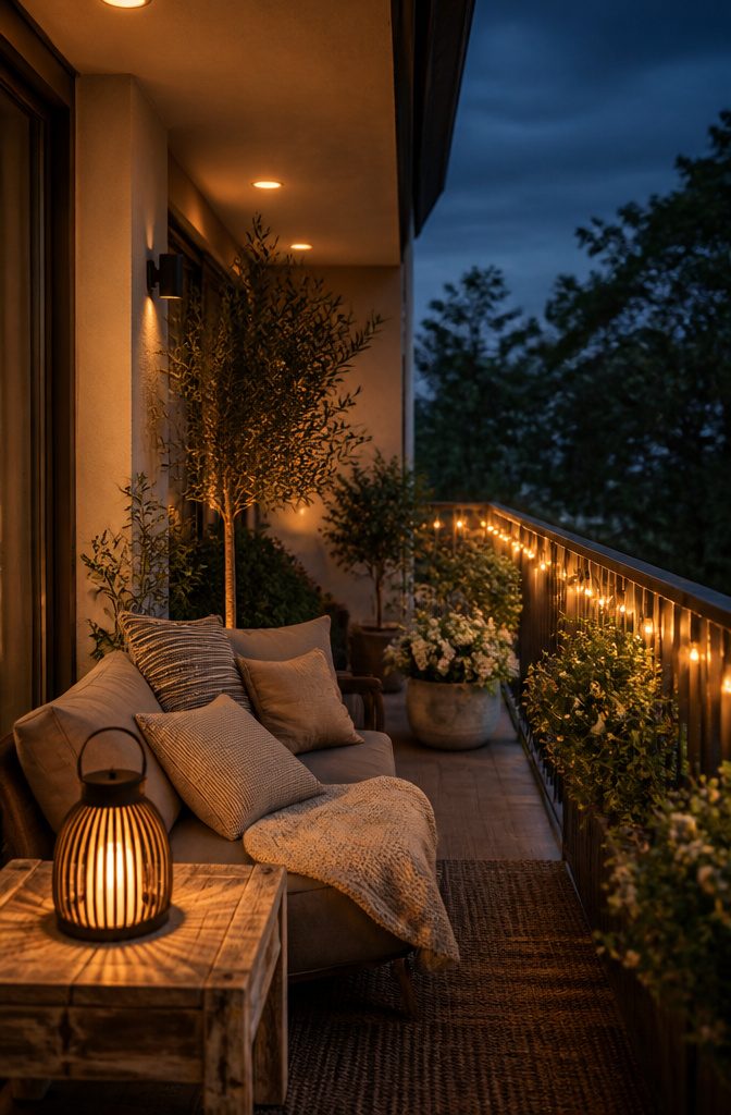 Warm ambient lights and a lantern on a balcony at dusk.