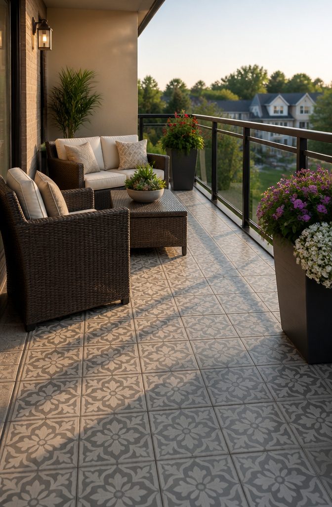 Porcelain tiles and synthetic rattan furniture on a balcony.