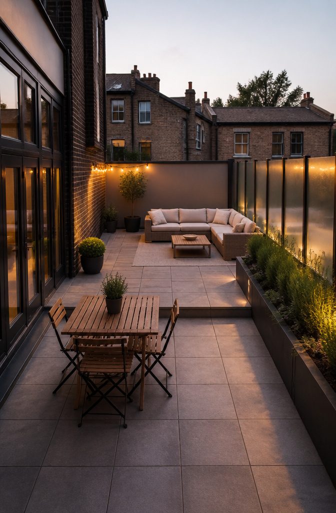 A terrace divided into dining and lounging zones with furniture.