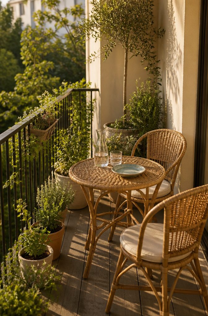 A round rattan bistro table and chairs on a narrow balcony.
