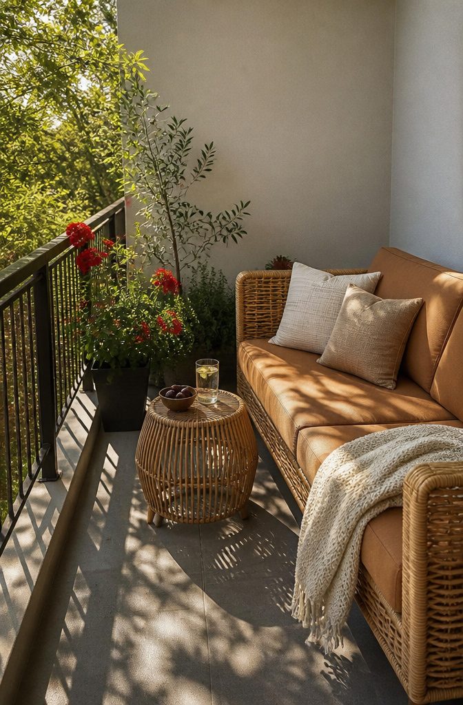 A rattan sofa with cushions and potted geraniums on a balcony.