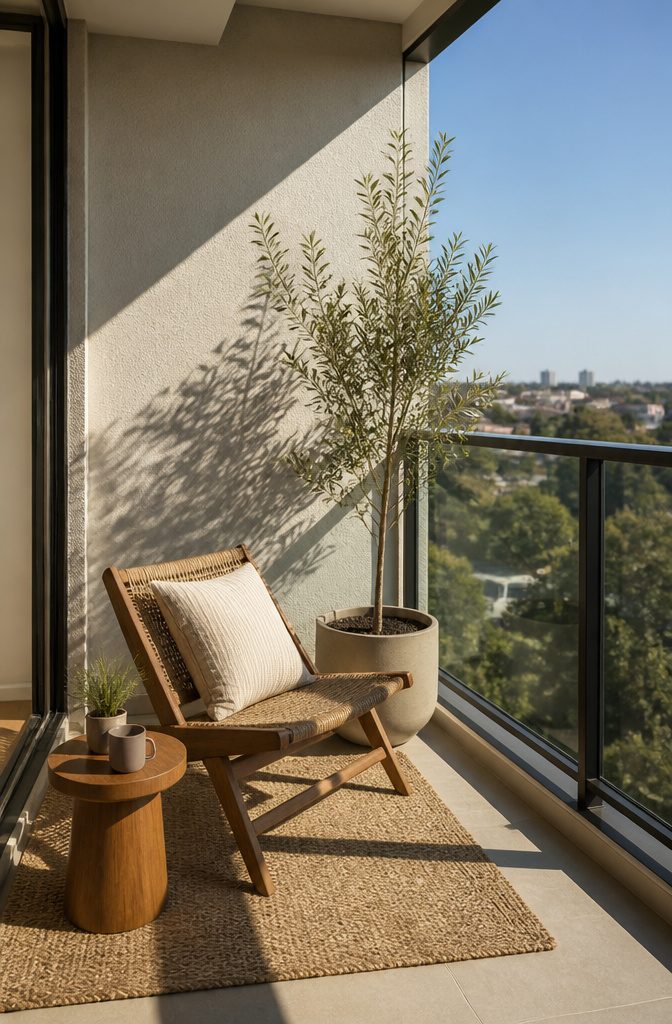 A low chair and side table in a tranquil balcony corner.