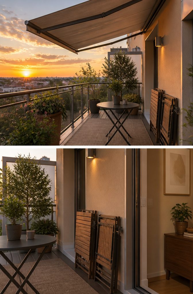 Folding chairs and a small table on a balcony.