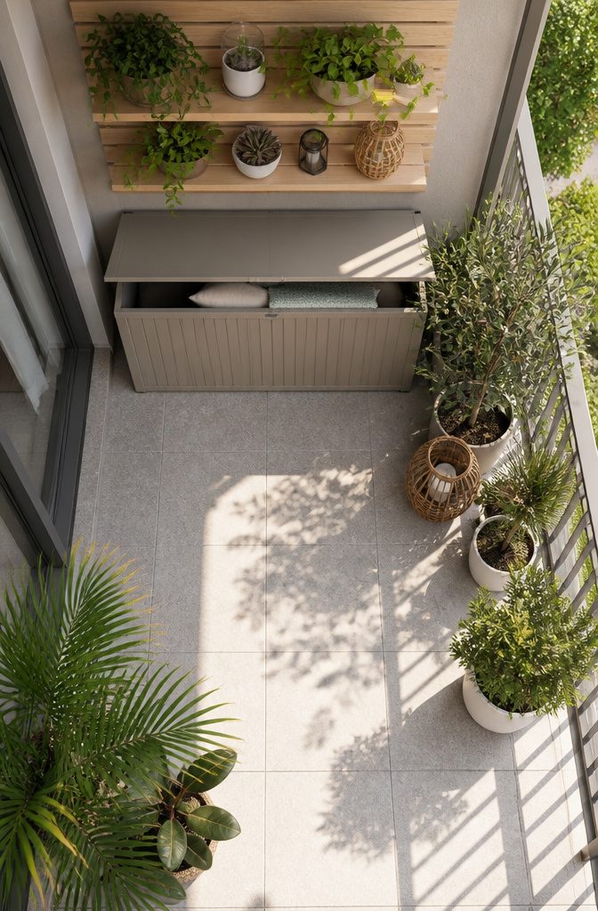 A storage ottoman and wall-mounted shelves on a balcony.