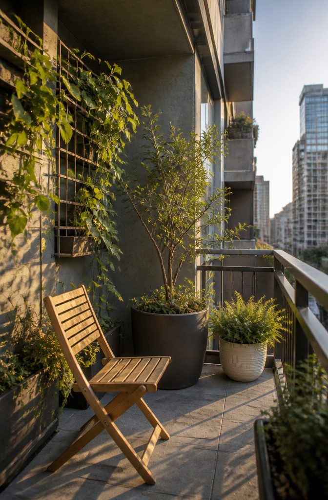 Plants on wall-mounted trellis and a teak folding chair on a balcony.
