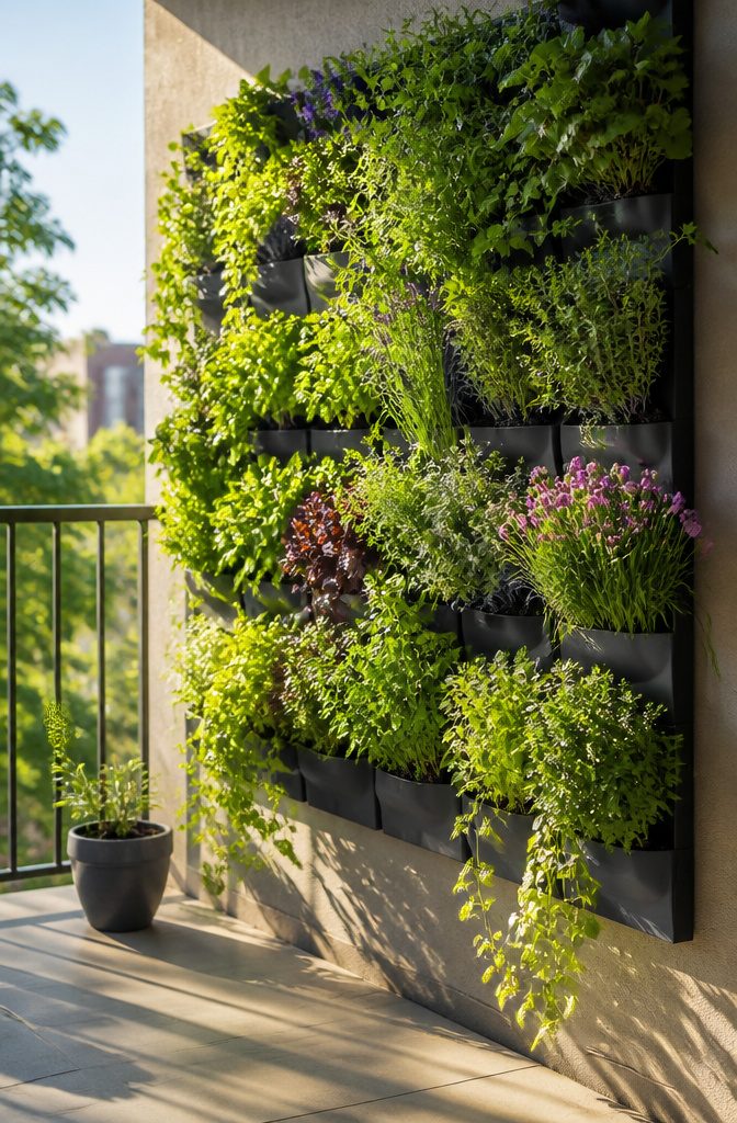 Wall-mounted planters with plants on a balcony railing.