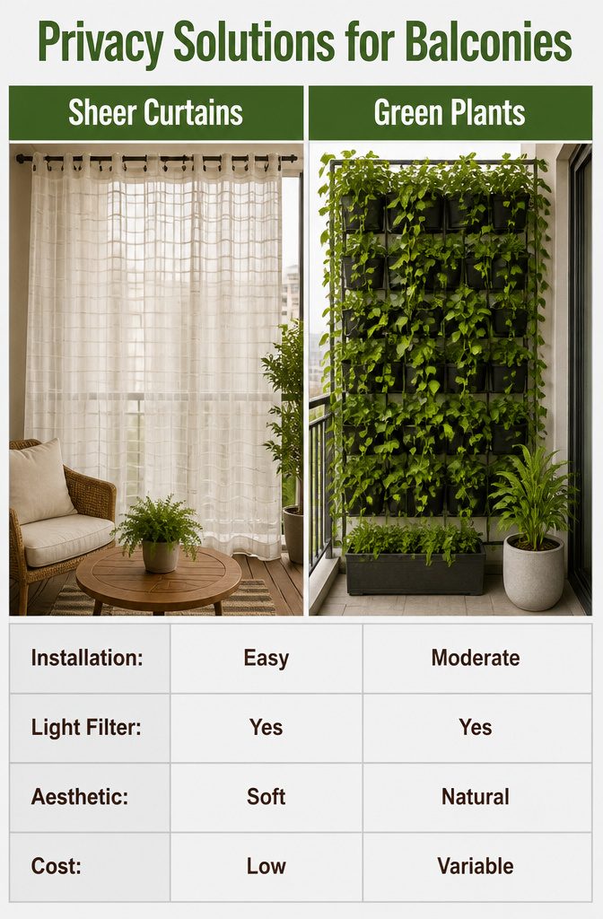 A balcony with sheer curtains and climbing plants for privacy.