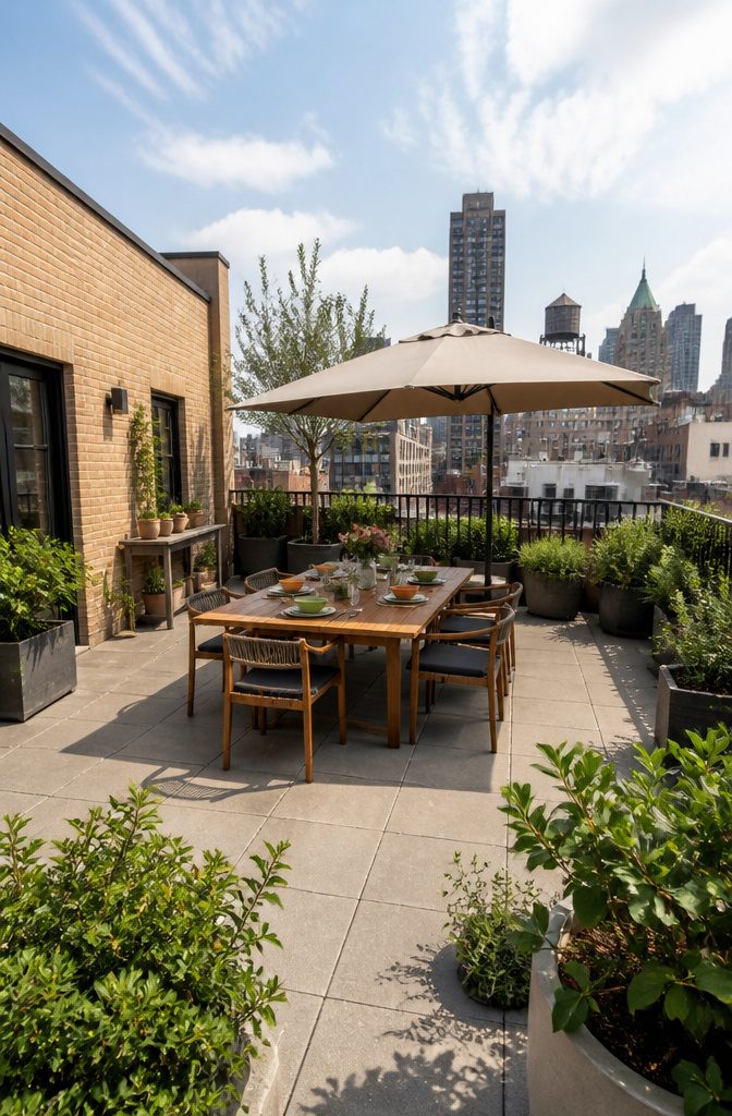 20 Fresh Terrace Decoration Ideas for Outdoor Spaces 19 A rectangular dining table set up on a terrace.