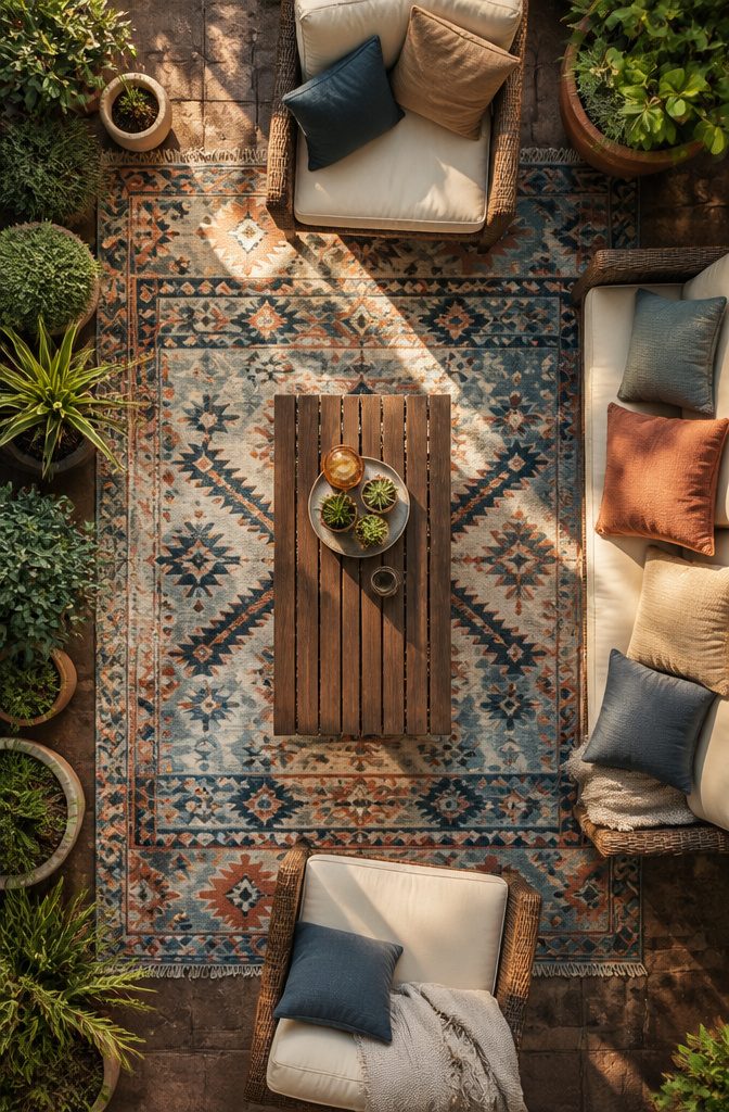 20 Fresh Terrace Decoration Ideas for Outdoor Spaces 6 An outdoor rug placed under seating on a terrace.