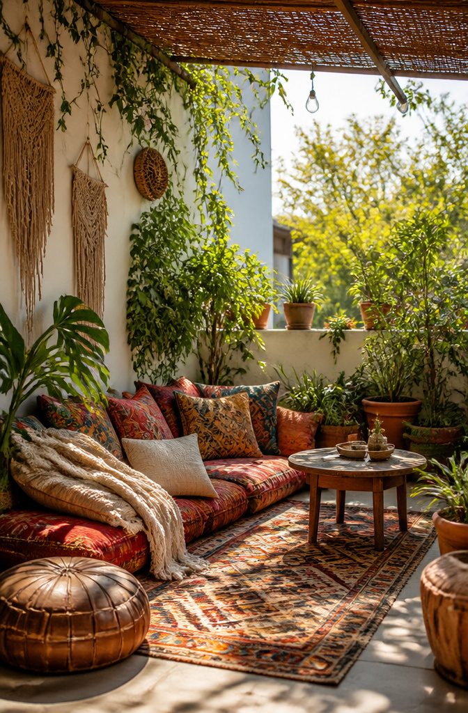 20 Fresh Terrace Decoration Ideas for Outdoor Spaces 18 A terrace with macramé hangings and a vintage kilim carpet.