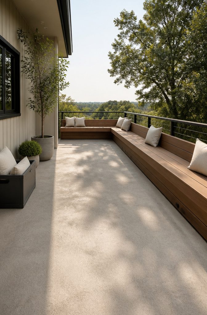20 Fresh Terrace Decoration Ideas for Outdoor Spaces 1 A terrace with built-in seating along the railing and corner.