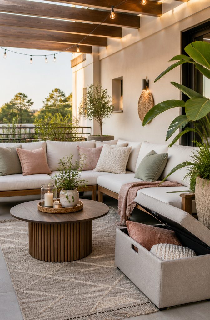 20 Fresh Terrace Decoration Ideas for Outdoor Spaces 16 A terrace with throw pillows and a layered rug.