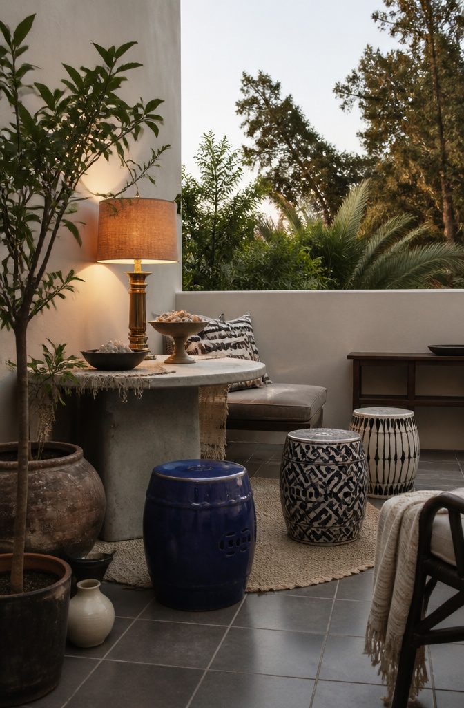 20 Fresh Terrace Decoration Ideas for Outdoor Spaces 20 A terrace with a brass lamp and diverse ceramic stools.