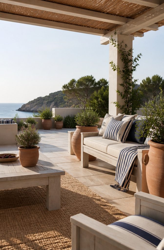 20 Fresh Terrace Decoration Ideas for Outdoor Spaces 4 A terrace with whitewashed furniture and terracotta planters filled with plants.