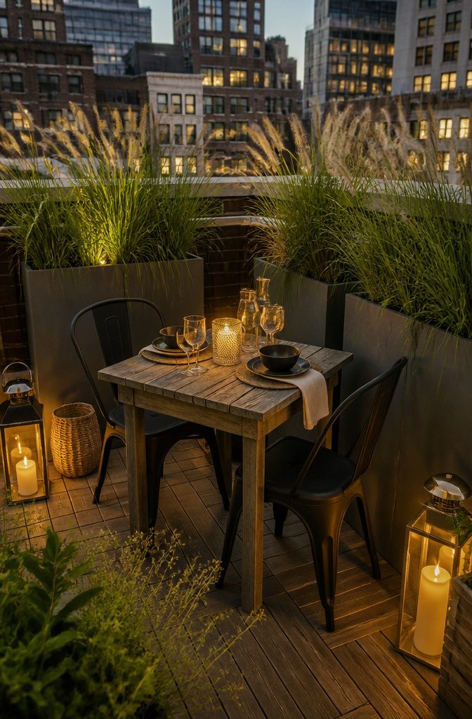 20 Fresh Terrace Decoration Ideas for Outdoor Spaces 10 A terrace setup with a rustic table, planters, and lanterns.