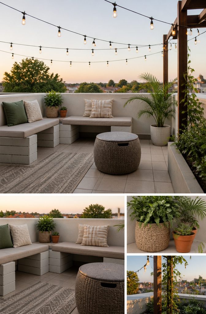 20 Fresh Terrace Decoration Ideas for Outdoor Spaces 13 Concrete block benches with painted finishes on a terrace.
