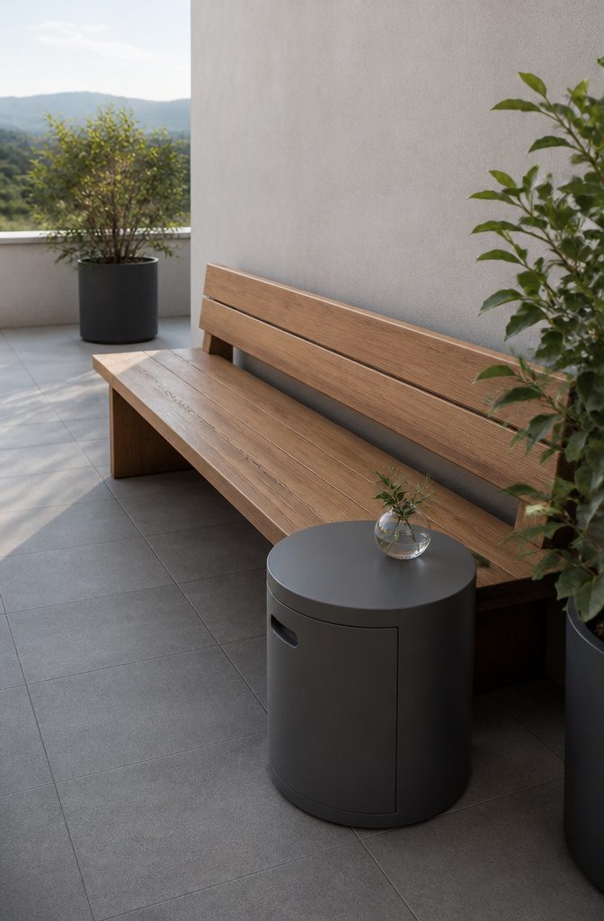 20 Fresh Terrace Decoration Ideas for Outdoor Spaces 5 A terrace featuring Slack Stone Grey tiles and a single wood tone bench.