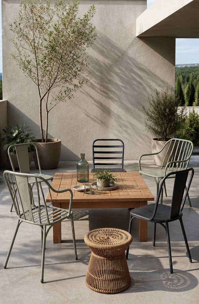 20 Fresh Terrace Decoration Ideas for Outdoor Spaces 7 A terrace with a low teak table and mismatched metal chairs.