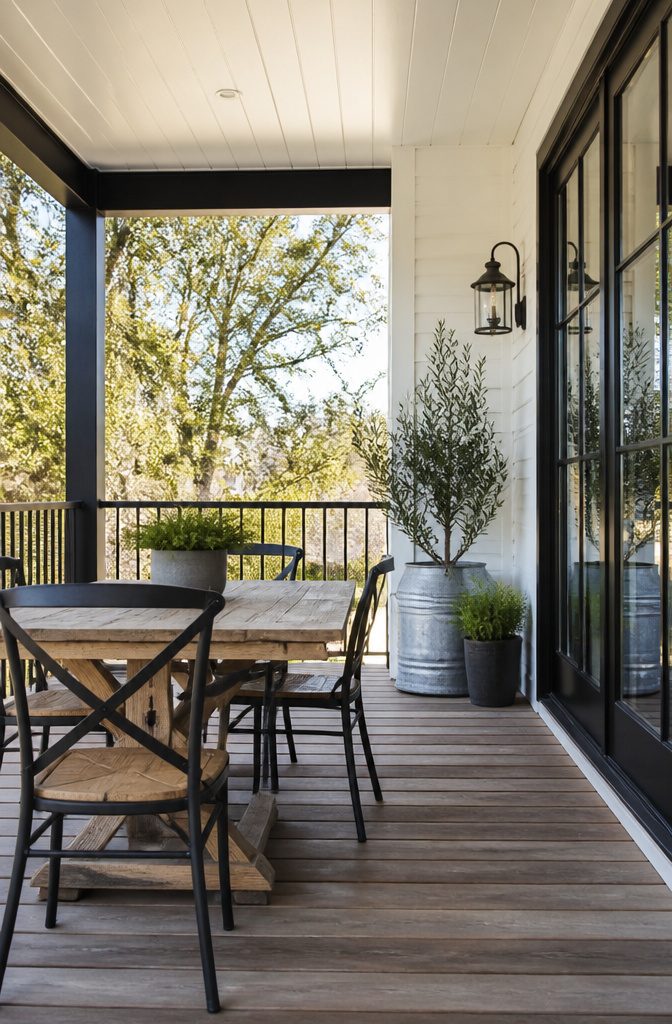 20 Fresh Terrace Decoration Ideas for Outdoor Spaces 12 A terrace with black metal frames and white paneling.