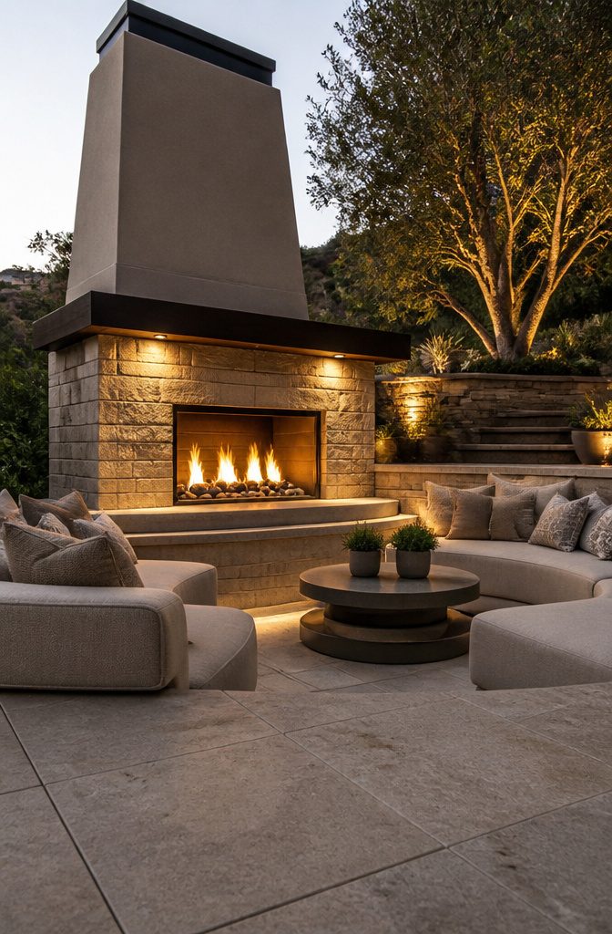 20 Fresh Terrace Decoration Ideas for Outdoor Spaces 11 A portable propane fire table on a terrace.