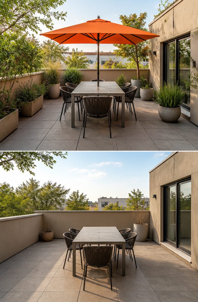 20 Fresh Terrace Decoration Ideas for Outdoor Spaces 8 A terrace featuring a bright colored umbrella and seating.