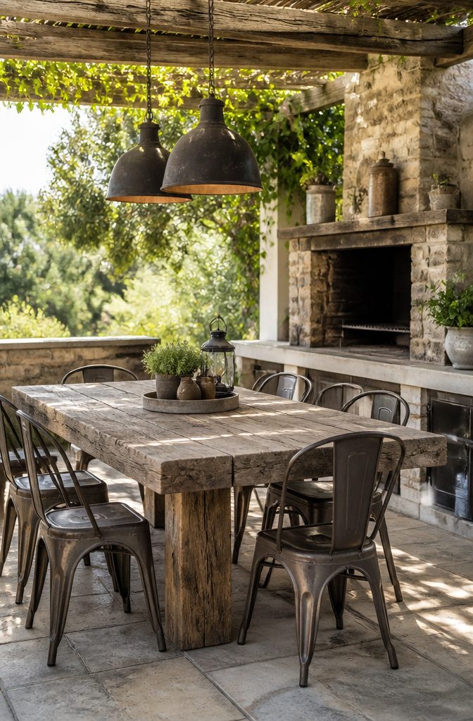 20 Fresh Terrace Decoration Ideas for Outdoor Spaces 3 A terrace with a reclaimed wood table and metal chairs.