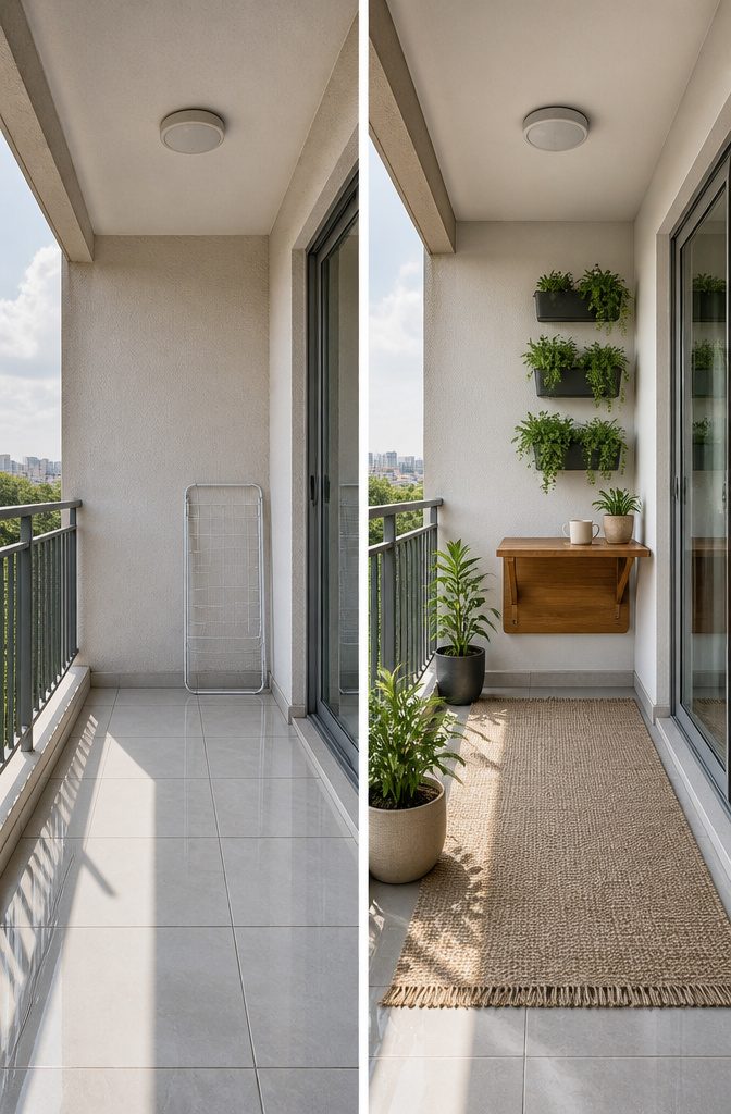 20 Fresh Terrace Decoration Ideas for Outdoor Spaces 2 A small terrace featuring wall-mounted planters and fold-down tables.