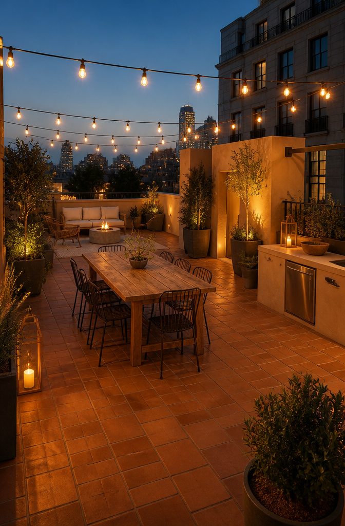 20 Fresh Terrace Decoration Ideas for Outdoor Spaces 14 String lights hung across a terrace for illumination.