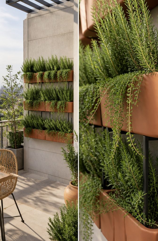 20 Fresh Terrace Decoration Ideas for Outdoor Spaces 17 Freestanding planter stands on a terrace with herbs.