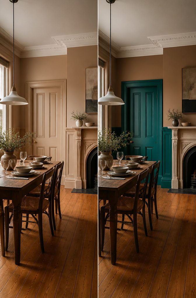9 Ways to Decorate a Victorian Terrace: Ideas for 2026 2 Dining room walls painted in a pinky brown with a dark wood table.