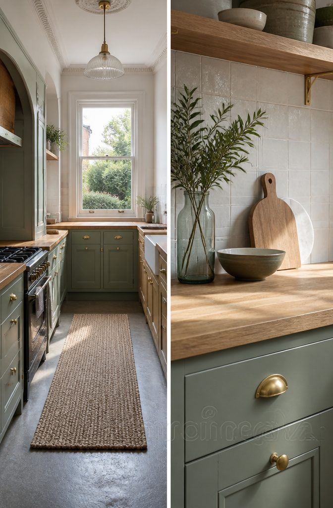 9 Ways to Decorate a Victorian Terrace: Ideas for 2026 3 Kitchen cabinets painted in soft green-grey with new brass hardware.