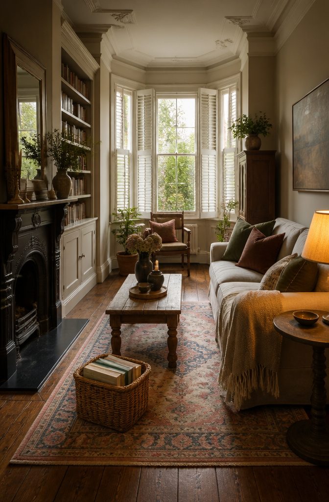 9 Ways to Decorate a Victorian Terrace: Ideas for 2026 7 A living room with a rug, cushions, and soft lighting.