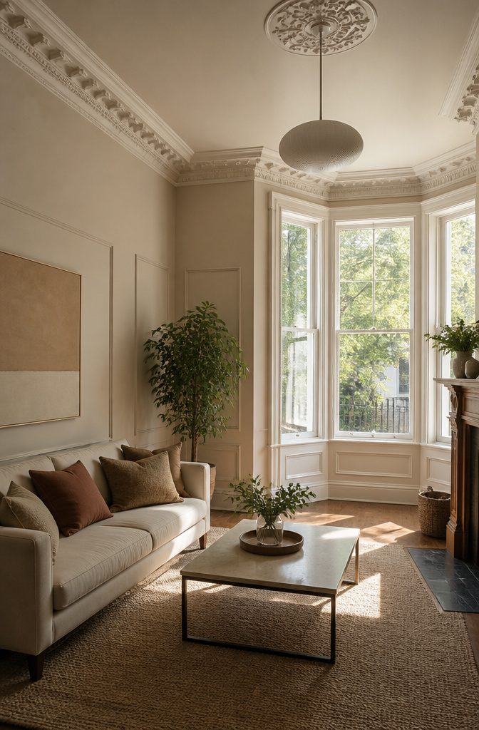 9 Ways to Decorate a Victorian Terrace: Ideas for 2026 1 Interior walls painted in Raw Cashmere and ceilings in Flax Seed.