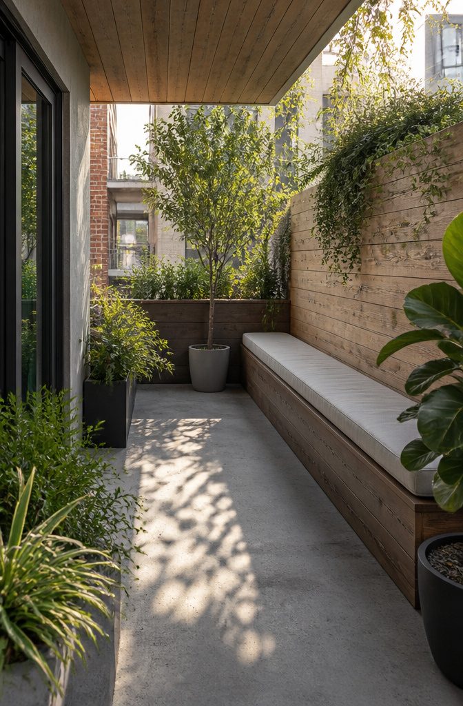 Modern Terrace Design Ideas: Outdoor Space Planning and Materials 1 A terrace with built-in seating against a wall.