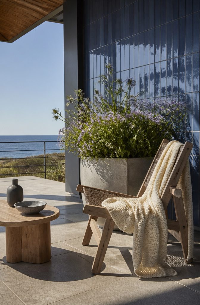 Modern Terrace Design Ideas: Outdoor Space Planning and Materials 4 A terrace with gray concrete and weathered wood furniture.