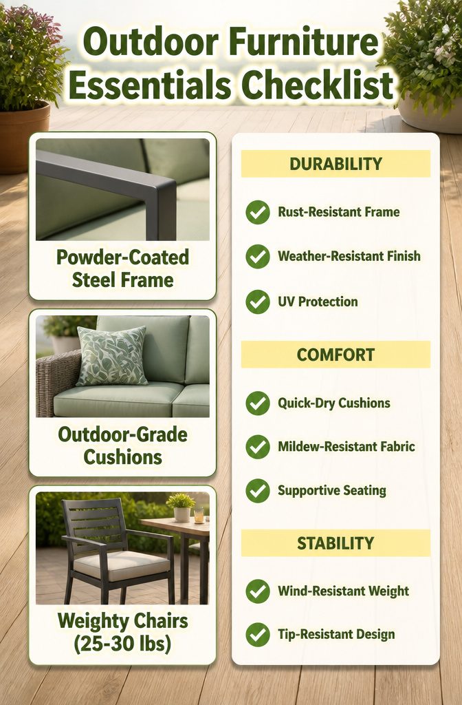 Modern Terrace Design Ideas: Outdoor Space Planning and Materials 13 A checklist of outdoor furniture essentials on a terrace.