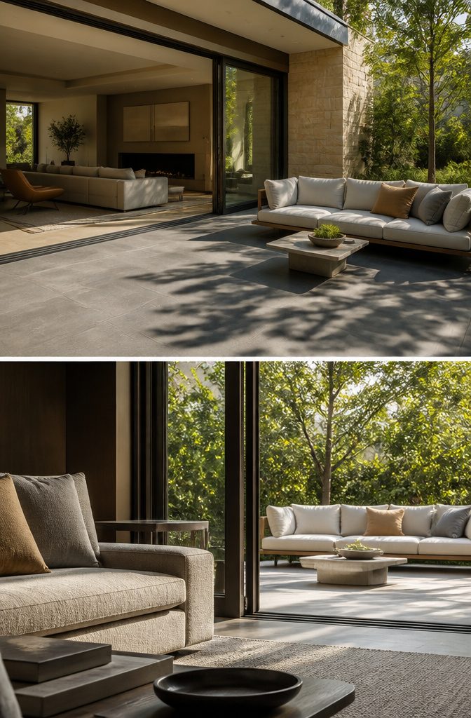 Modern Terrace Design Ideas: Outdoor Space Planning and Materials 16 A terrace with a transition from indoor to outdoor flooring.