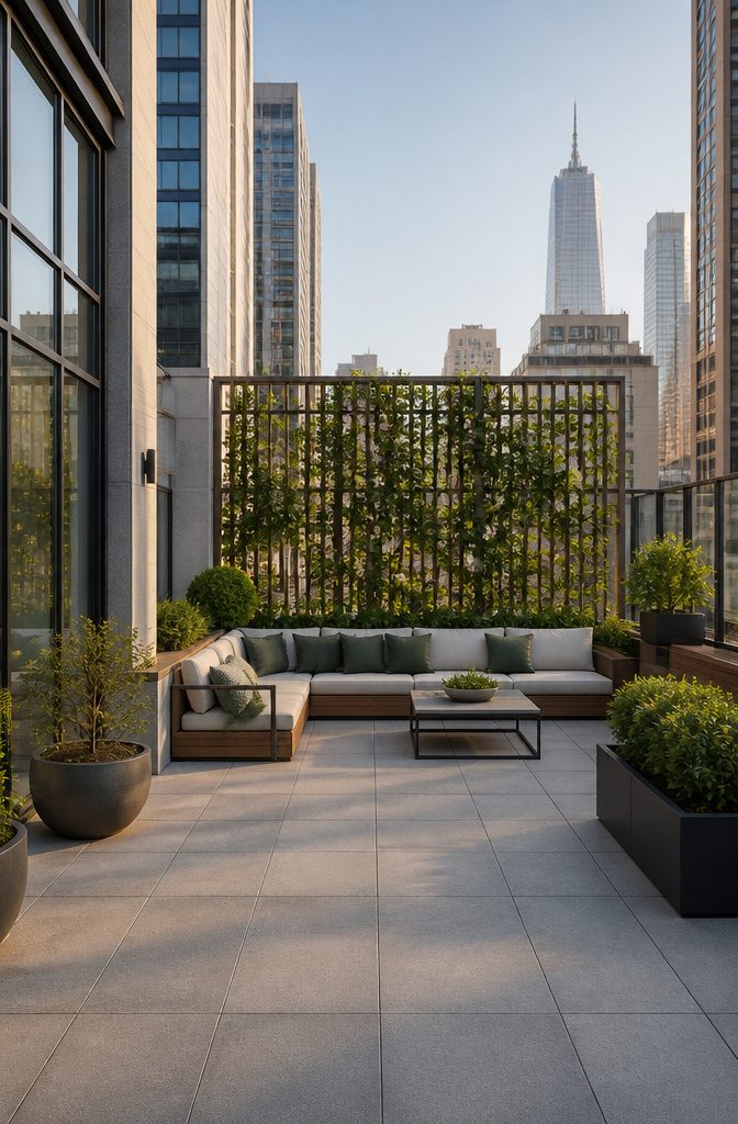 Modern Terrace Design Ideas: Outdoor Space Planning and Materials 10 A city terrace with a trellis and climbing plants.