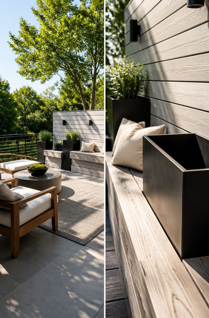 Modern Terrace Design Ideas: Outdoor Space Planning and Materials 12 A terrace featuring black metal and light wood elements.