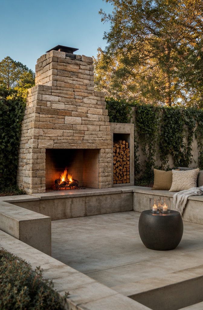 Modern Terrace Design Ideas: Outdoor Space Planning and Materials 11 A terrace with an outdoor fireplace and concrete seating.