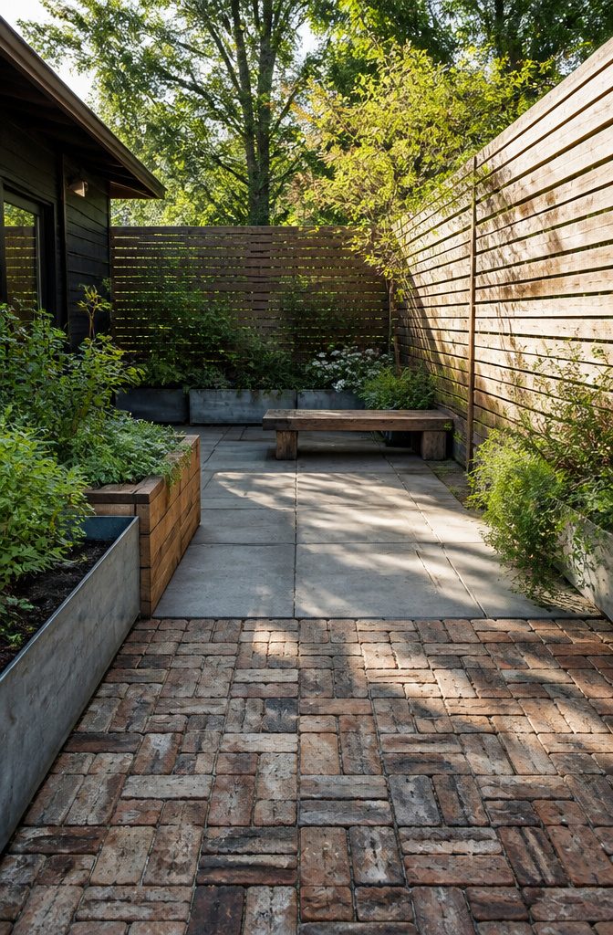Modern Terrace Design Ideas: Outdoor Space Planning and Materials 3 A terrace featuring cedar privacy walls and reclaimed brick.