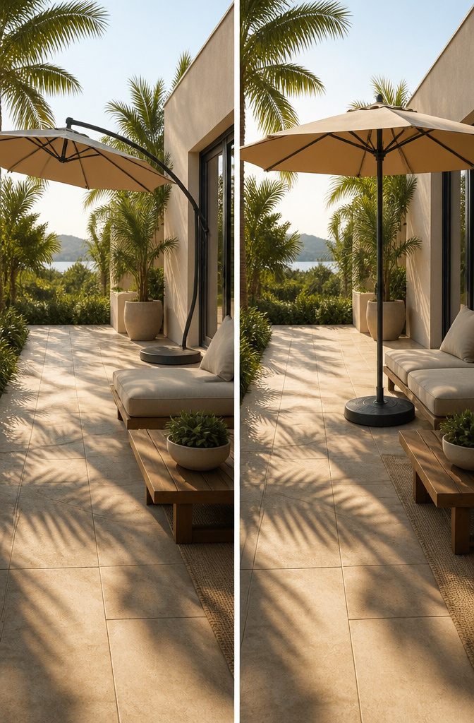 Modern Terrace Design Ideas: Outdoor Space Planning and Materials 15 A terrace with a cantilever umbrella for shade.
