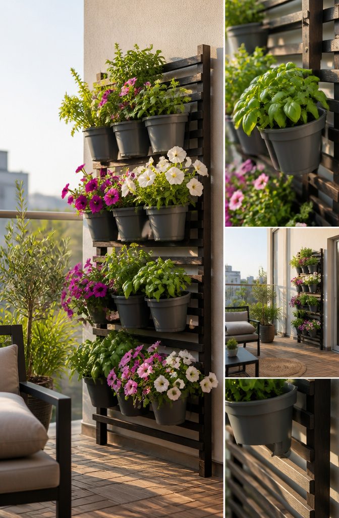 11 Open Terrace Design Ideas for 2026: Styles, Layouts & Tips 15 Small terrace with vertical planters and hanging baskets for plants.