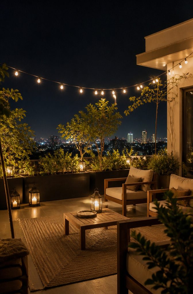 11 Open Terrace Design Ideas for 2026: Styles, Layouts & Tips 9 Cozy terrace illuminated by LED string lights and lanterns.