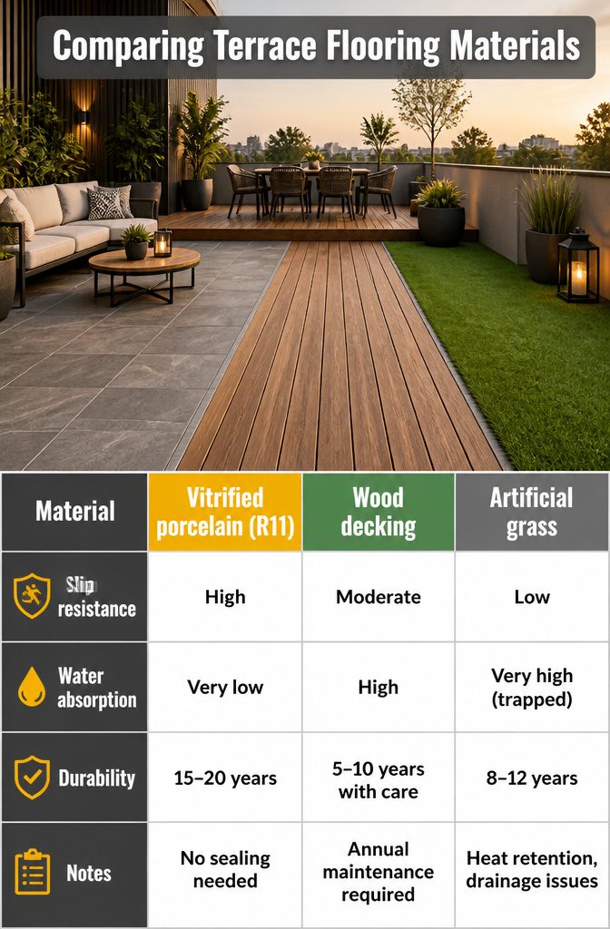 11 Open Terrace Design Ideas for 2026: Styles, Layouts & Tips 13 Chart comparing different terrace flooring materials and their properties.