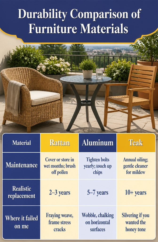 11 Open Terrace Design Ideas for 2026: Styles, Layouts & Tips 14 Chart comparing the maintenance and longevity of terrace furniture materials.