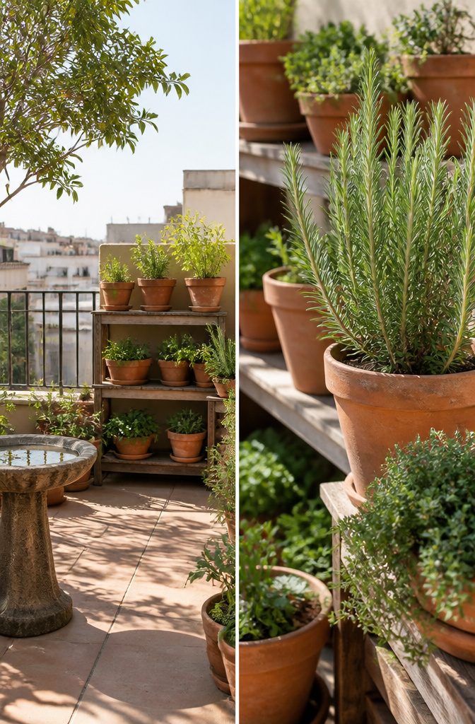 11 Open Terrace Design Ideas for 2026: Styles, Layouts & Tips 8 Terrace with containers of herbs and vegetables in various sizes.