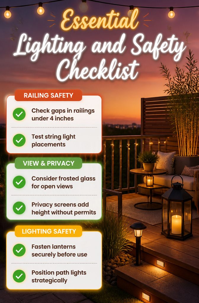 11 Open Terrace Design Ideas for 2026: Styles, Layouts & Tips 16 Checklist outlining safety and lighting considerations for terraces.